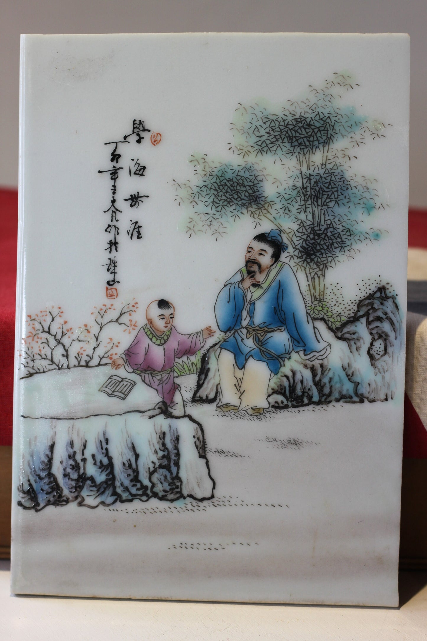 Pair of Chinese Porcelain Panels- Hand Painted - Famille Rose Palette - Scholar and Attendant, Calligraphy and Red Seal Marks 23.5 x16cm