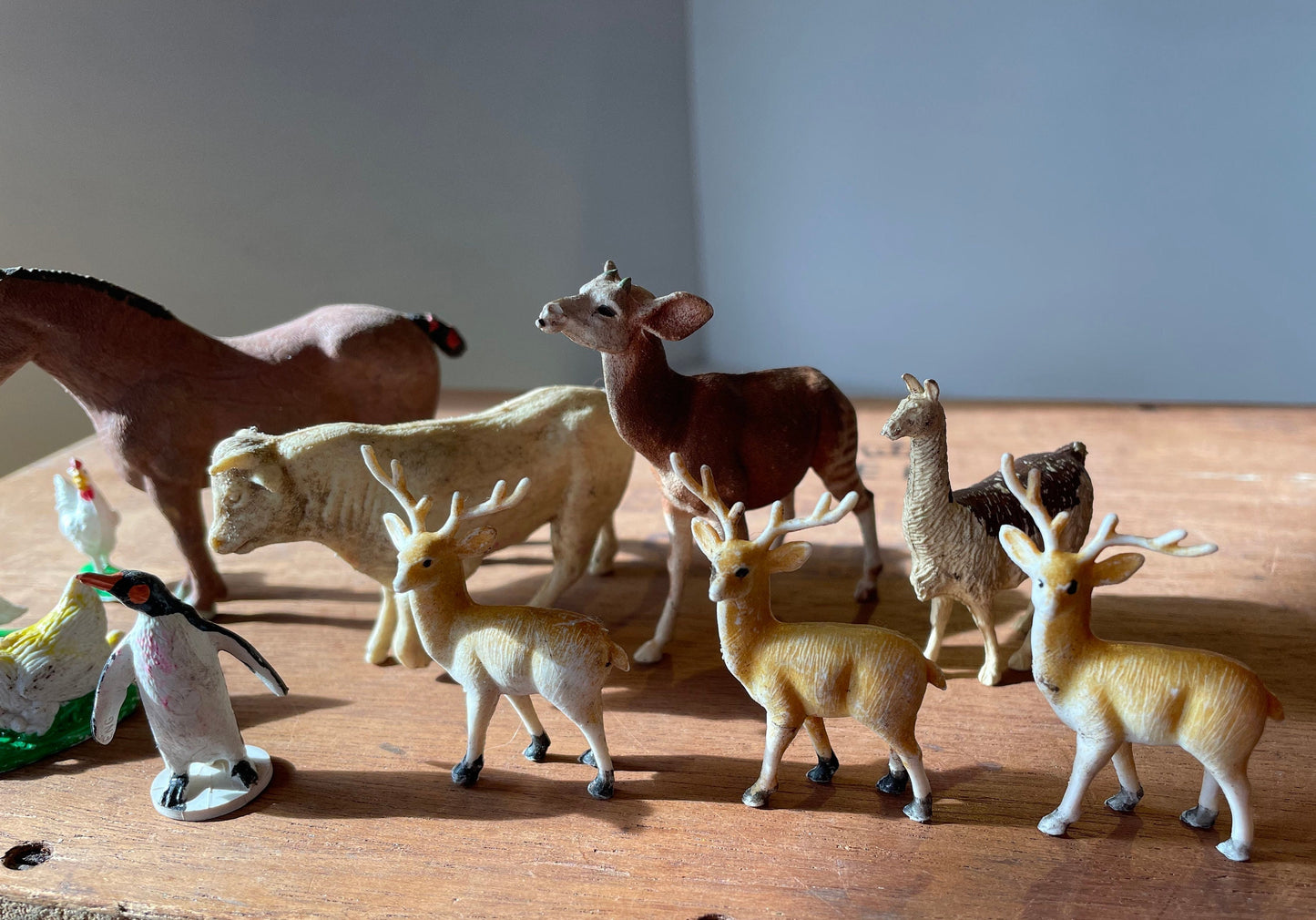 A Collection of 1970's Plastic Animals- A Britains Ltd England Horse, Lamar and Akapi The Rest made in Hong Kong