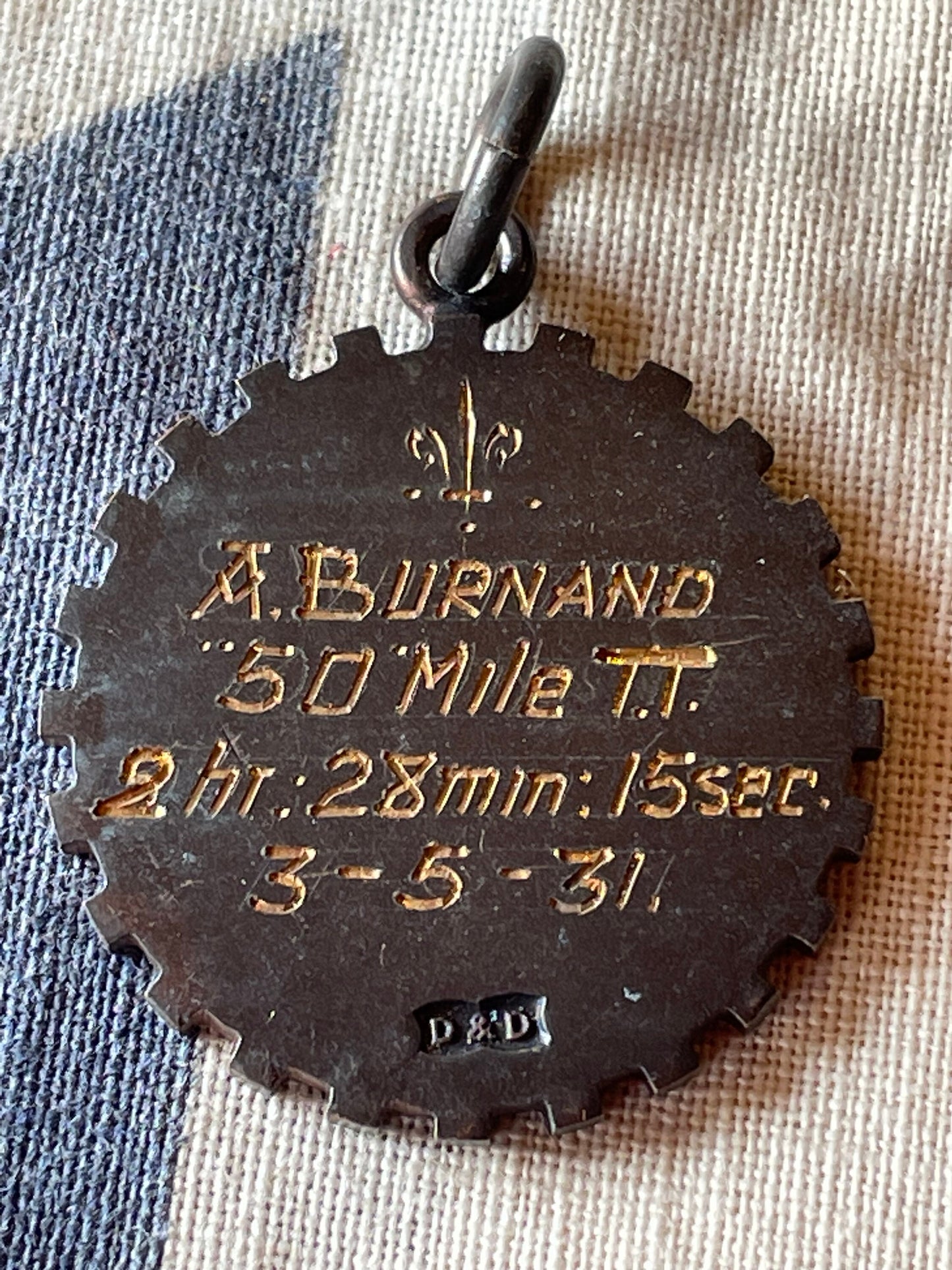 A Medallion Fob Awarded to  A. Burnand  For The 50 mile T.T. 2hr 28min 15sec 3rd May 1931 By The Tooting Bicycle Club London