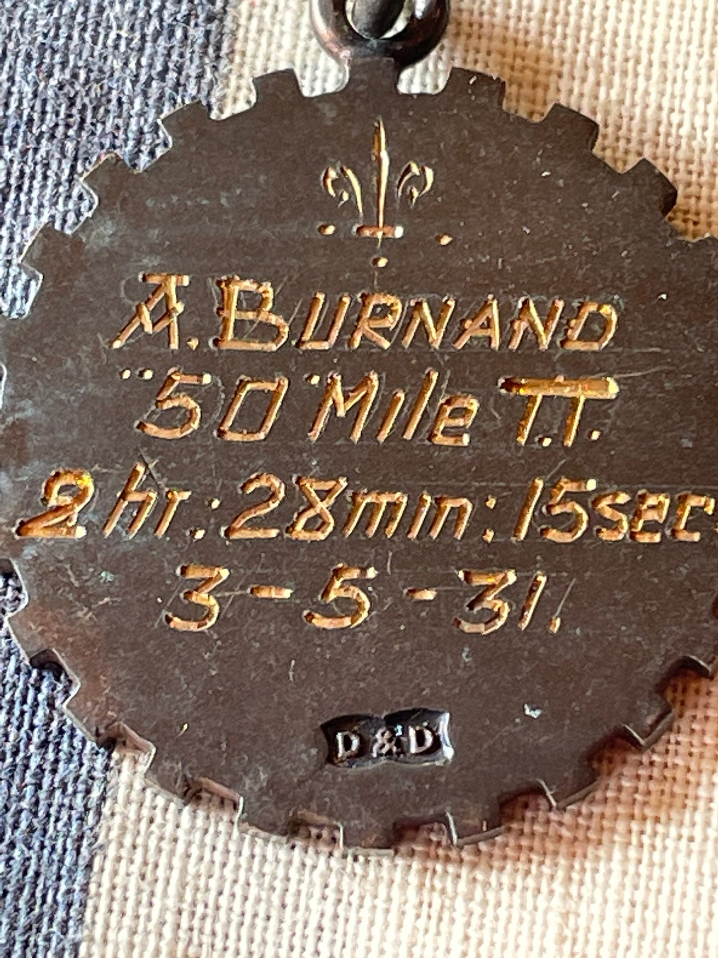 A Medallion Fob Awarded to  A. Burnand  For The 50 mile T.T. 2hr 28min 15sec 3rd May 1931 By The Tooting Bicycle Club London