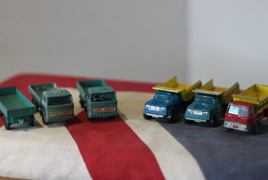 Five Diecast Metal Matchbox Series Toy Trucks and One Trailer By Lesney 1960's