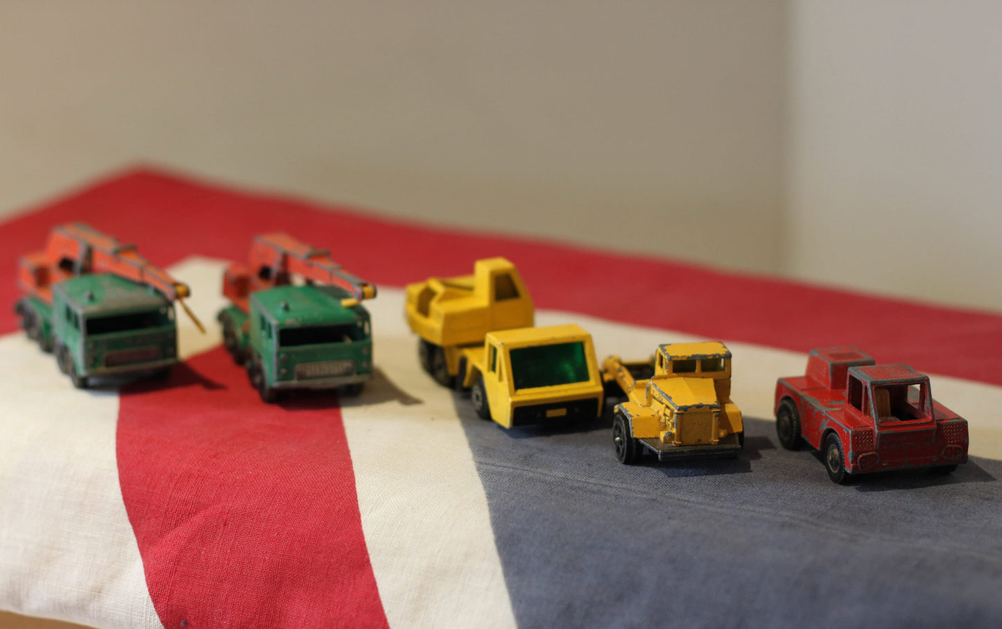 five diecast crane and dump truck toys by Corgi and  Lesney from the 1960's and 70's - in Original Unrestored Condition