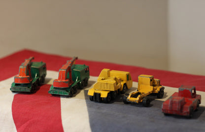 five diecast crane and dump truck toys by Corgi and  Lesney from the 1960's and 70's - in Original Unrestored Condition