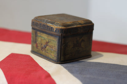 A late Victorian Antique Lithographed Tin From 'Moss Rimmington Ltd Mustard Barco and Baking Powder' Decorated With Horses and Riders