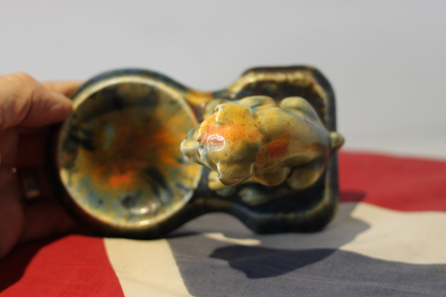 An Art Deco Vintage Crackle Glazed Pottery Dog Dish Having a Colourful Mottled Glaze, 14.5cm in Length