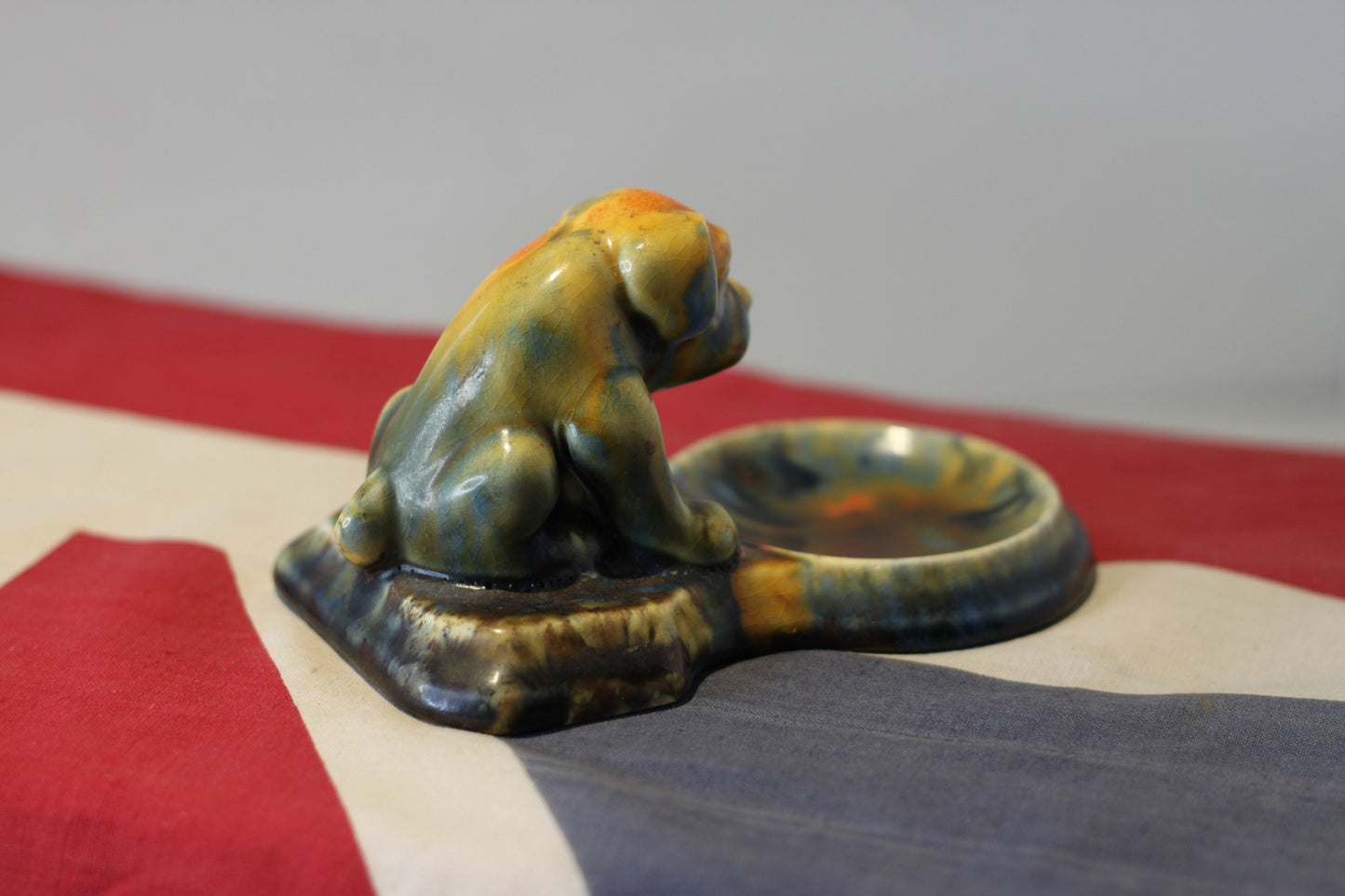 An Art Deco Vintage Crackle Glazed Pottery Dog Dish Having a Colourful Mottled Glaze, 14.5cm in Length