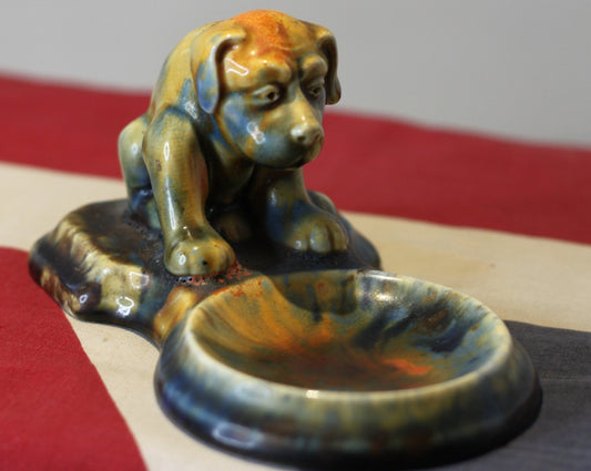 An Art Deco Vintage Crackle Glazed Pottery Dog Dish Having a Colourful Mottled Glaze, 14.5cm in Length