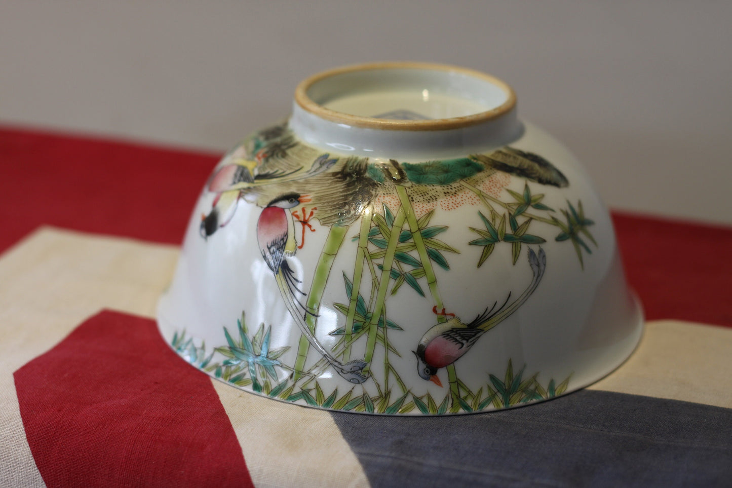 Vintage Chinese Famille Rose Porcelain Bowl with Birds and Bamboo – Qianlong Mark, Hand Painted Decorative Bowl (20th Century)