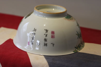 Vintage Chinese Famille Rose Porcelain Bowl with Birds and Bamboo – Qianlong Mark, Hand Painted Decorative Bowl (20th Century)