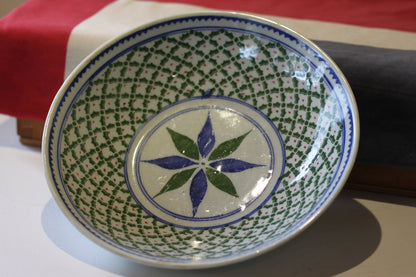 an oriental blue and green decorated shallow bowl with unglazed foot 23cm diameter