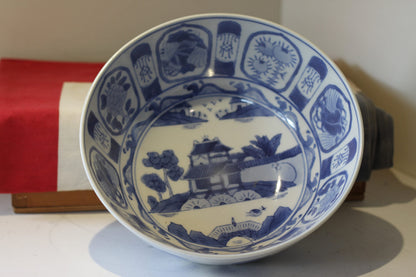 A Large Chinese Blue and White Pottery Bowl Decorated With Flora and Landscapes 26cm Diameter