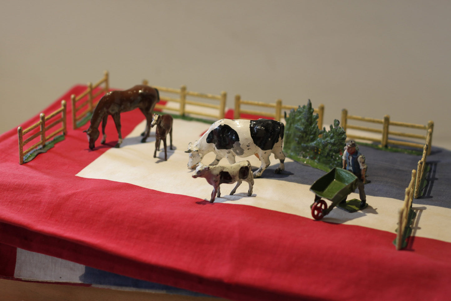 A Collection of Antique Hand Painted Diecast Metal/Lead Farmyard Animals, Figures and Accessories by FG Taylor and sons, Timpo and Britains