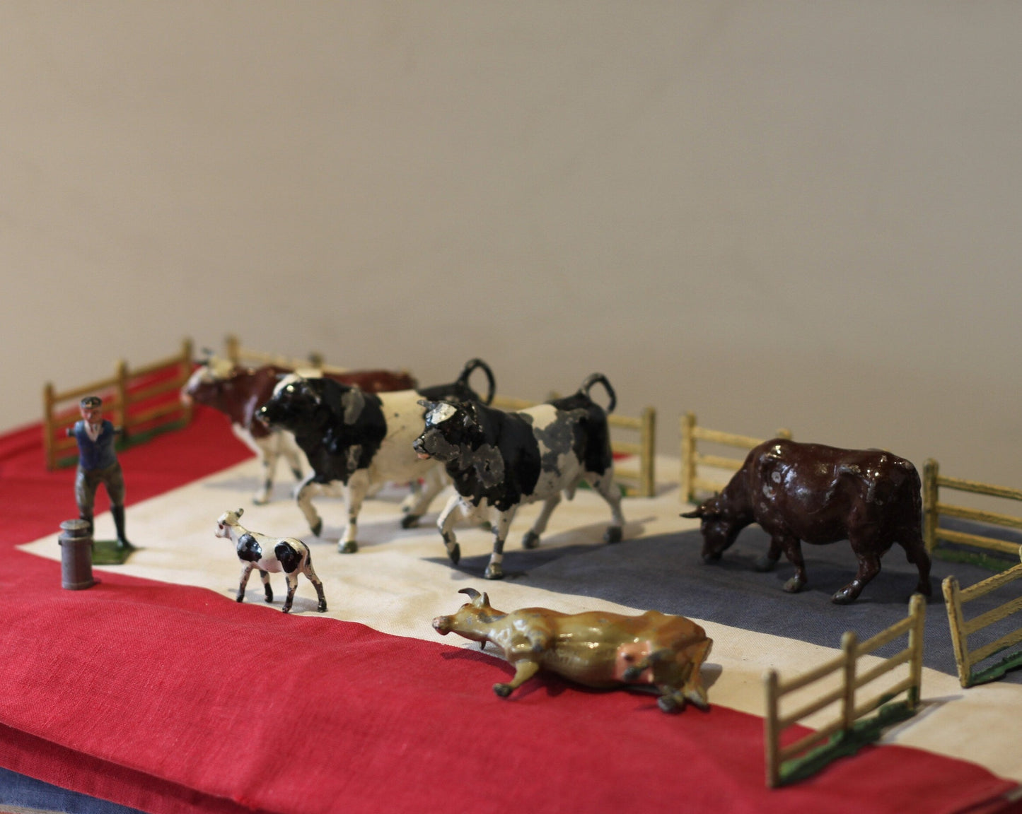 A Collection of Antique Hand Painted Diecast Metal/Lead Farmyard Animals, Figures and Accessories by F. G. Taylor and Britains