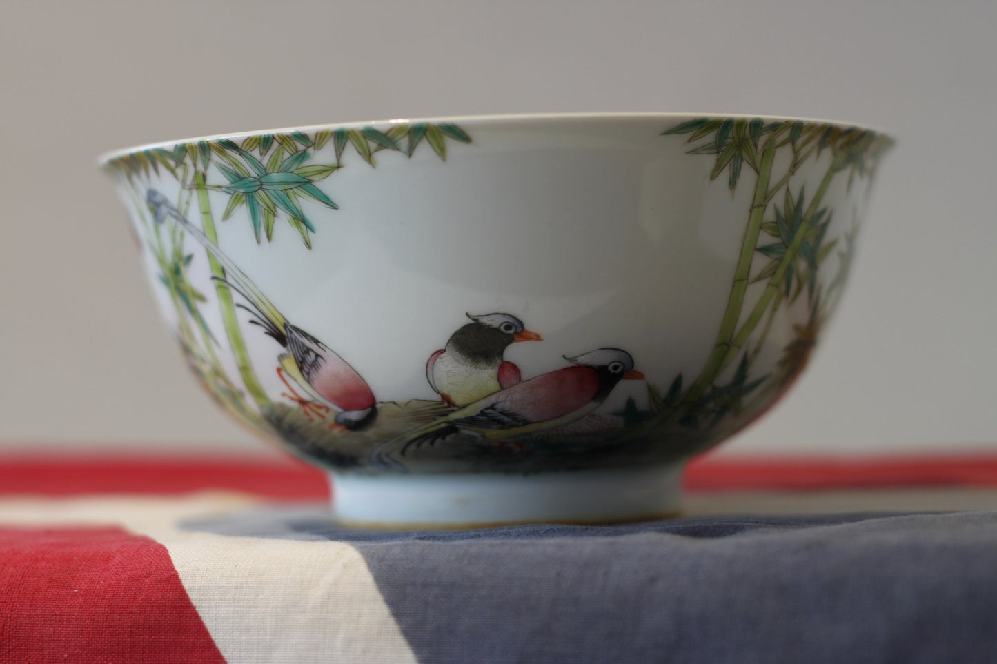 Vintage Chinese Famille Rose Porcelain Bowl with Birds and Bamboo – Qianlong Mark, Hand Painted Decorative Bowl (20th Century)