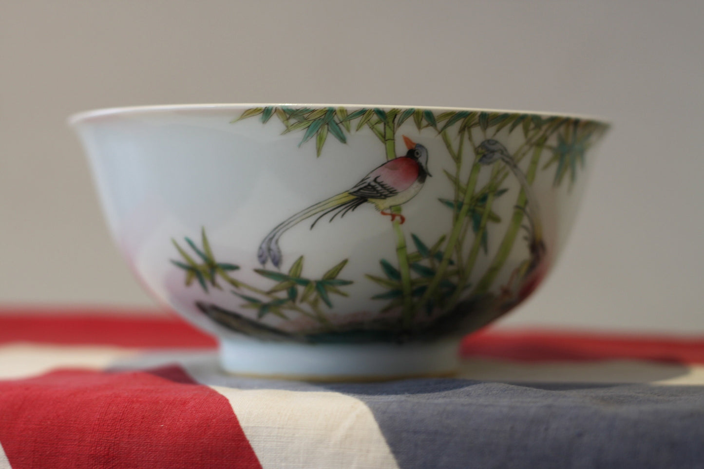 Vintage Chinese Famille Rose Porcelain Bowl with Birds and Bamboo – Qianlong Mark, Hand Painted Decorative Bowl (20th Century)