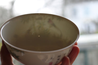 Vintage Chinese Famille Rose Porcelain Bowl with Birds and Bamboo – Qianlong Mark, Hand Painted Decorative Bowl (20th Century)