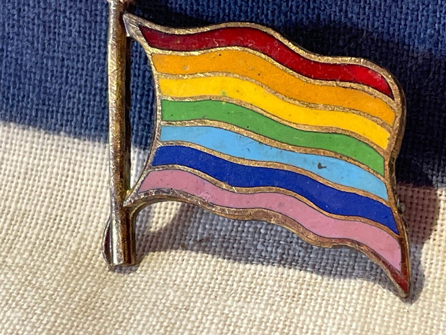 A Vintage Early Rare Enamel LGBT Rainbow Flag Badge 25mm Across by Gladman and Norman Birmingham 1980's