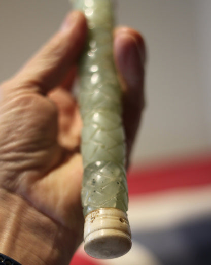 A Large Antique Chinese Bowenite Jade Mounted Calligraphy Brush/Fly Whisk, 35cm Long