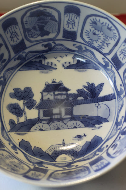 A Large Chinese Blue and White Pottery Bowl Decorated With Flora and Landscapes 26cm Diameter