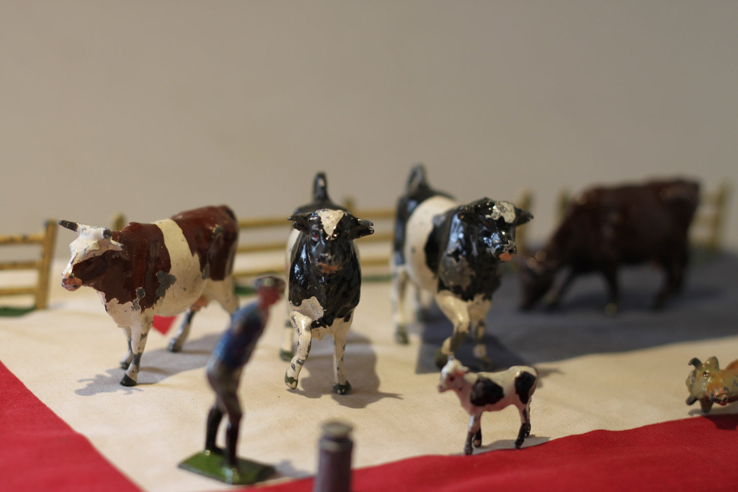 A Collection of Antique Hand Painted Diecast Metal/Lead Farmyard Animals, Figures and Accessories by F. G. Taylor and Britains