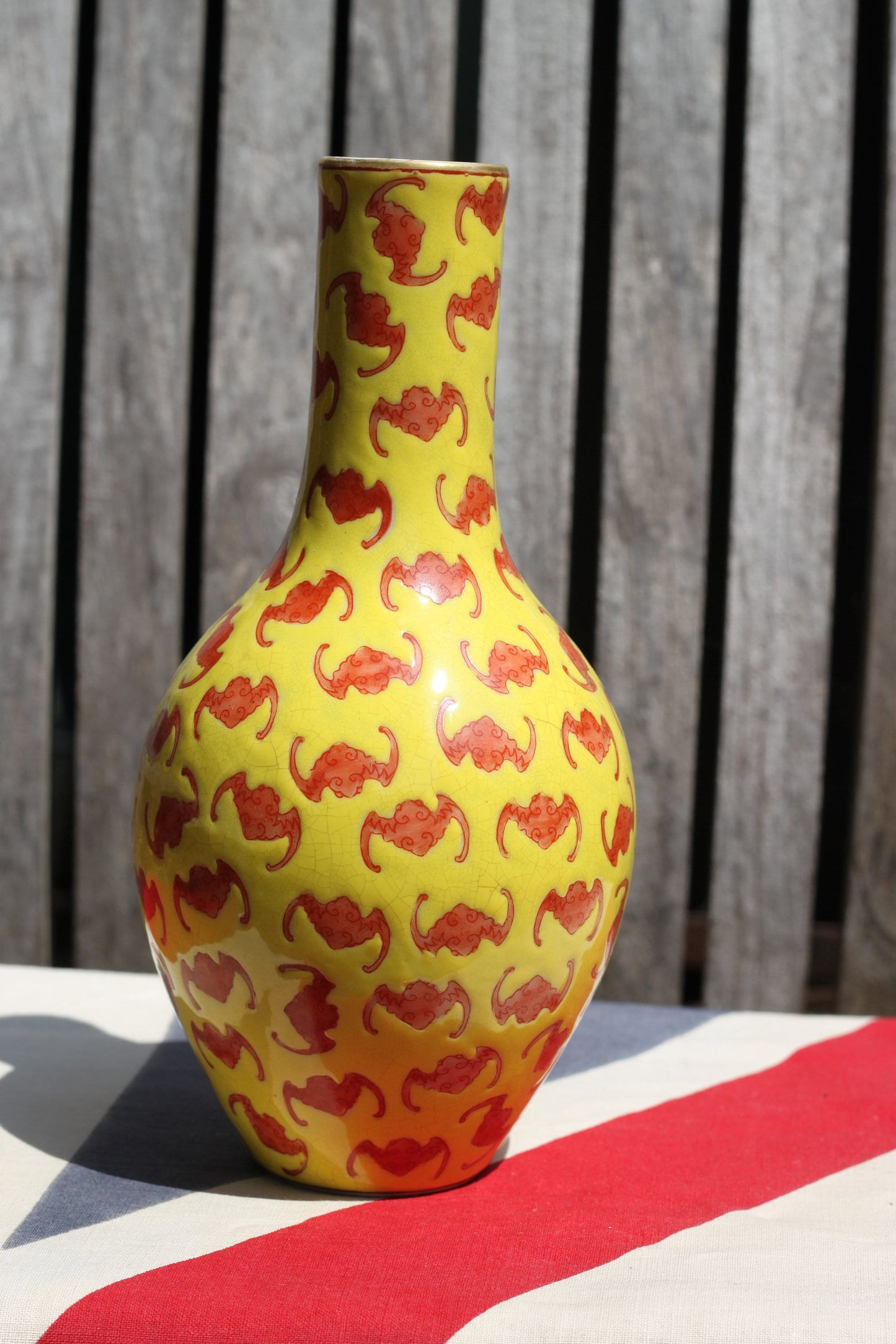 A Chinese Yellow Ground Bat Vase Character Marks To Base  20cm Tall