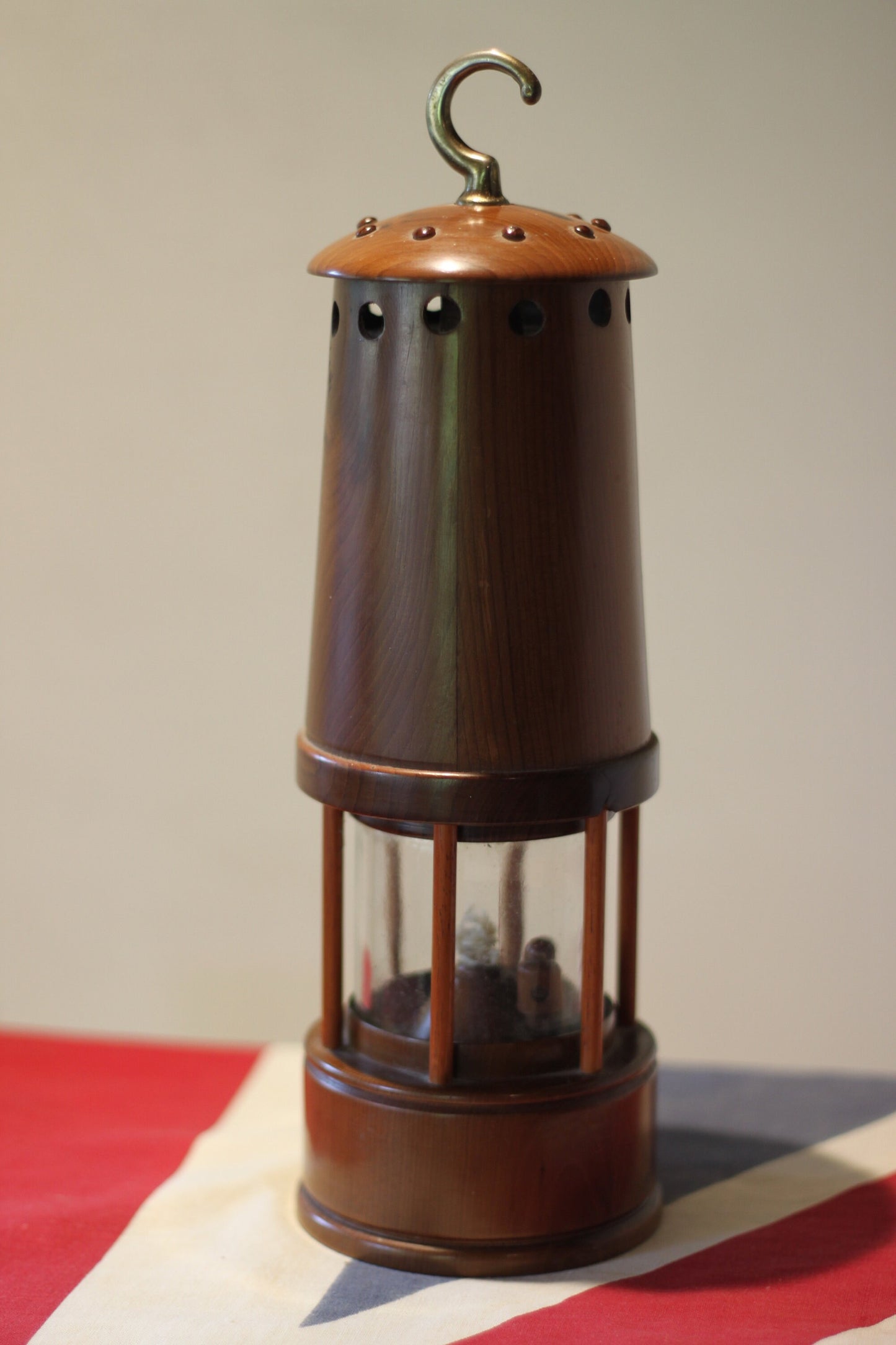 A Rare and Unusual Miner's Lamp Made From Yew Wood in England, Height Excluding Handle 23.5cm