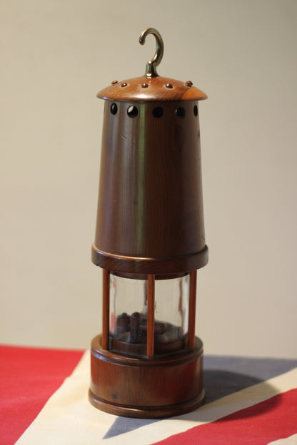 A Rare and Unusual Miner's Lamp Made From Yew Wood in England, Height Excluding Handle 23.5cm