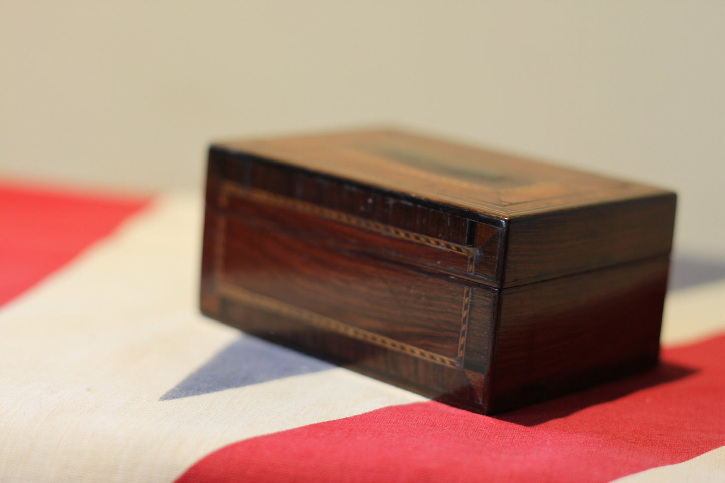 A 19th Century Tulipwood and Satinwood Inlaid Box From Armoury Contents Sale at Winchelsea England 2023- 9cm x 6cm x 4cm