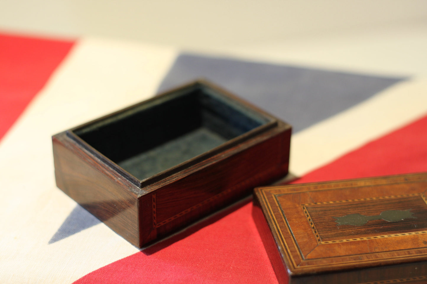 A 19th Century Tulipwood and Satinwood Inlaid Box From Armoury Contents Sale at Winchelsea England 2023- 9cm x 6cm x 4cm