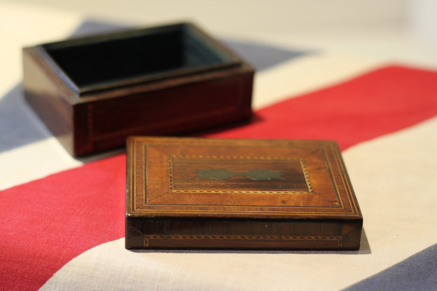 A 19th Century Tulipwood and Satinwood Inlaid Box From Armoury Contents Sale at Winchelsea England 2023- 9cm x 6cm x 4cm