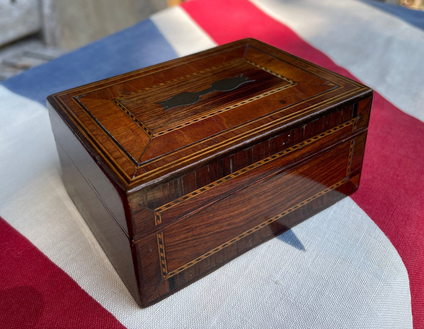 A 19th Century Tulipwood and Satinwood Inlaid Box From Armoury Contents Sale at Winchelsea England 2023- 9cm x 6cm x 4cm