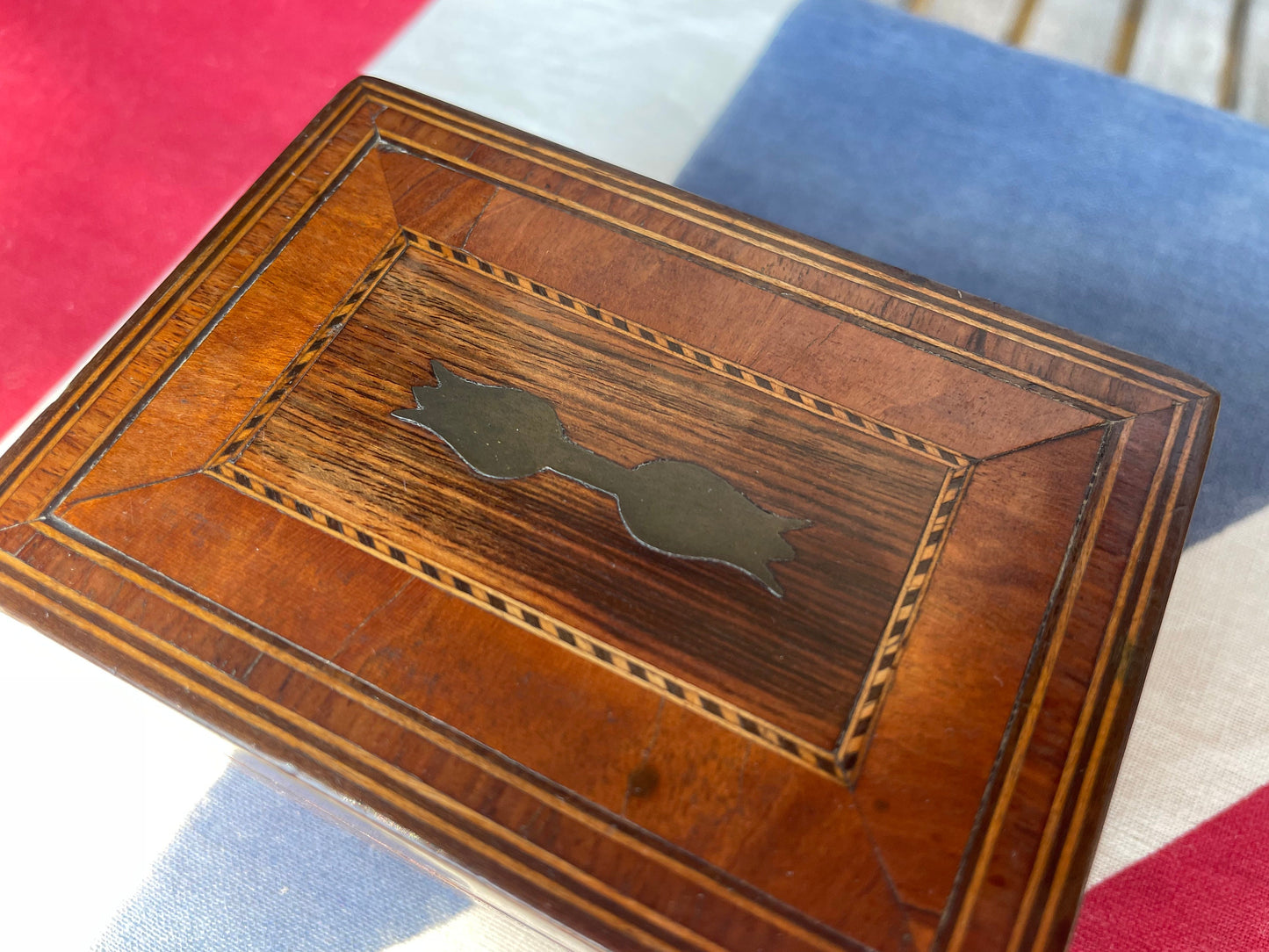 A 19th Century Tulipwood and Satinwood Inlaid Box From Armoury Contents Sale at Winchelsea England 2023- 9cm x 6cm x 4cm