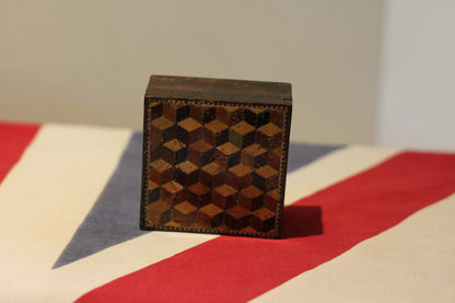 A Small 19th Century Square Tunbridge Ware Box, With Cube Parquetry Decorated Lid, 7cm x 7cm x 3.5cm