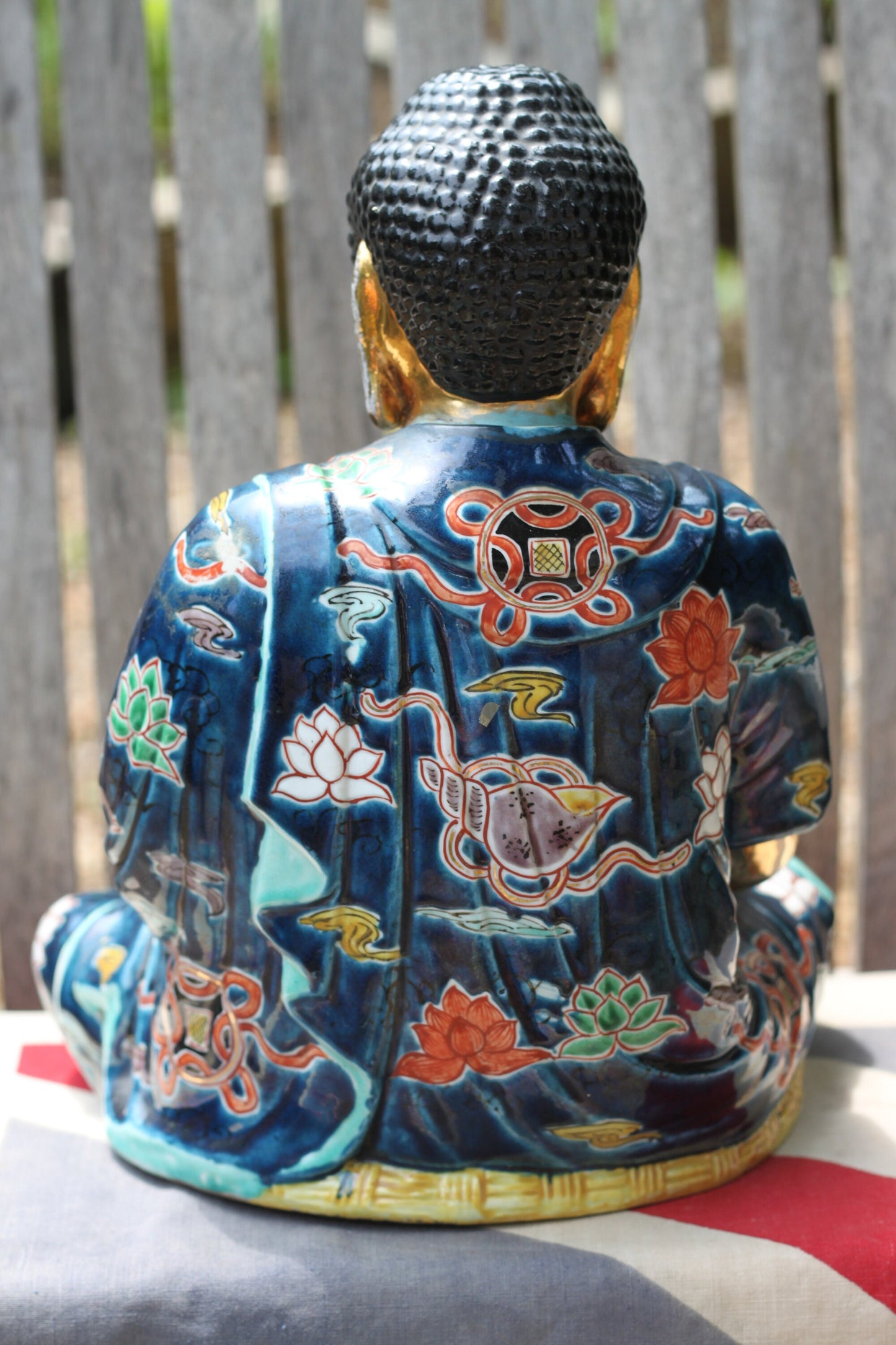 A Large Ceramic Seated Gold Buddha in Colourful Robes 29cm Tall - 2.8kg