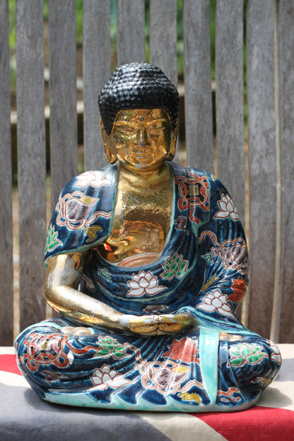 A Large Ceramic Seated Gold Buddha in Colourful Robes 29cm Tall - 2.8kg