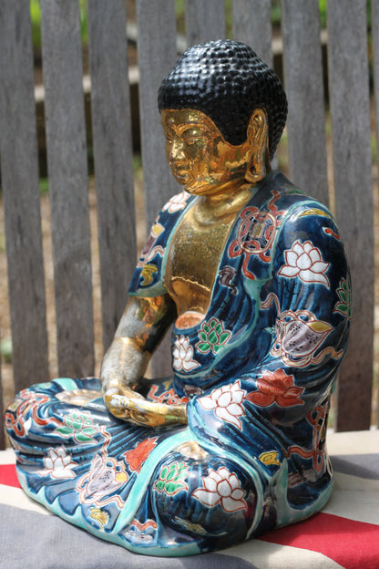 A Large Ceramic Seated Gold Buddha in Colourful Robes 29cm Tall - 2.8kg