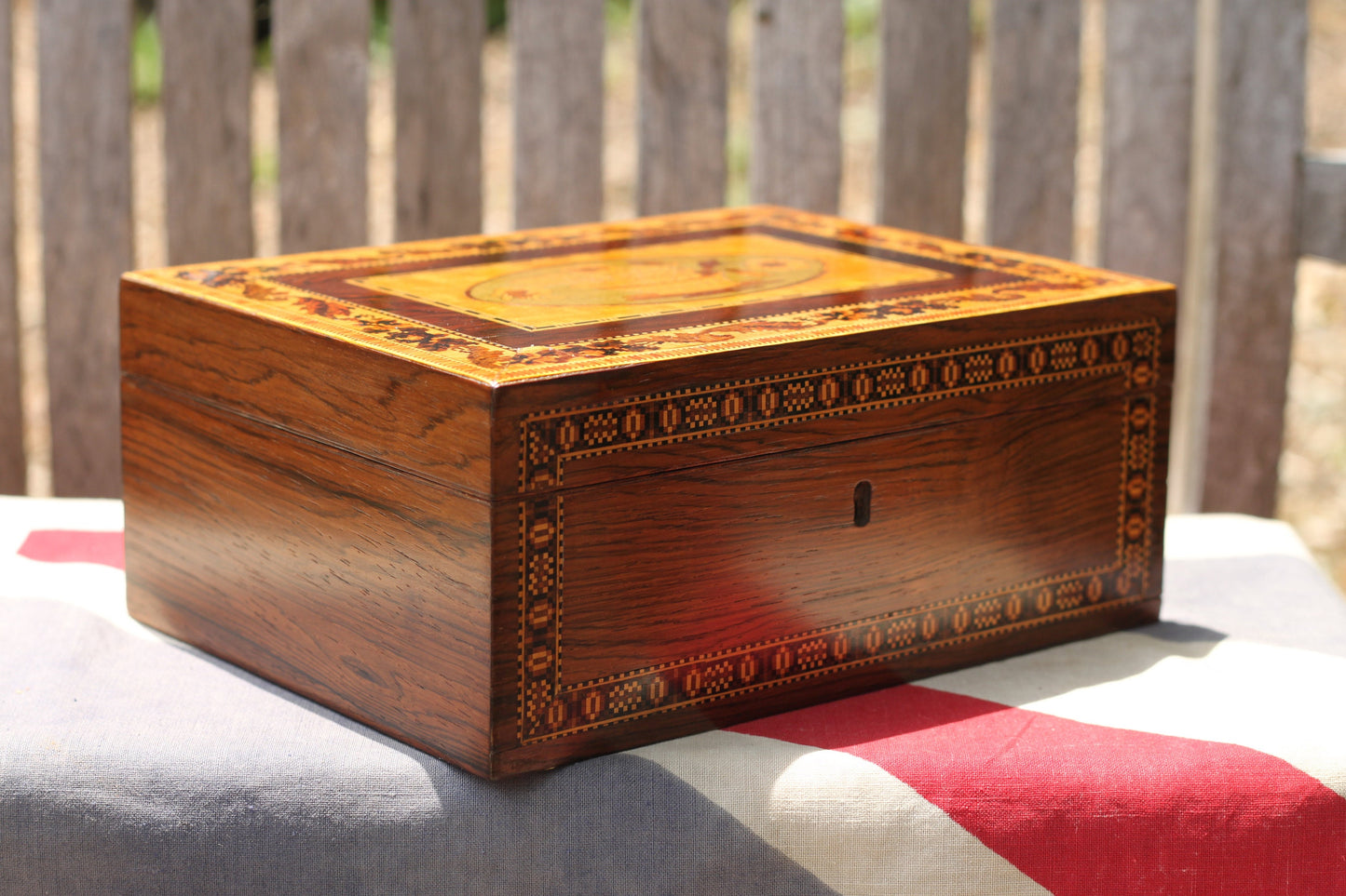 A Victorian Rosewood Tunbridge Ware and Marquetry Inlaid Sewing Box 20cm wide