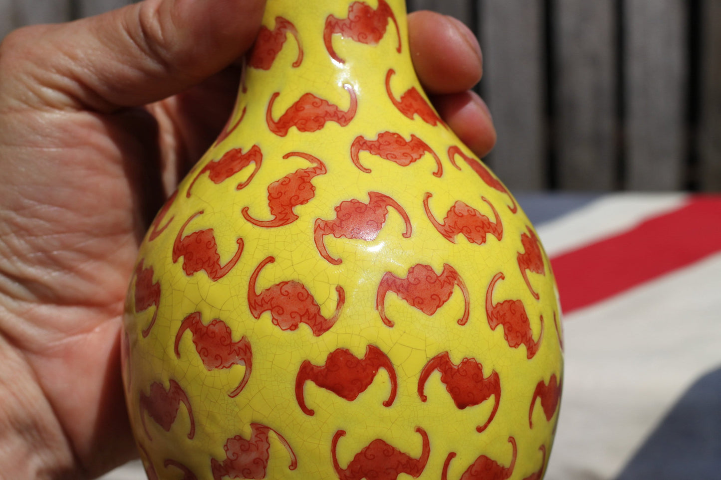 A Chinese Yellow Ground Bat Vase Character Marks To Base  20cm Tall