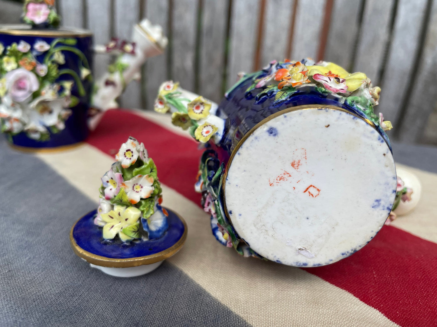 Two Bloor Derby Flower Encrusted Rosewater Teapot Toy Porcelain Sprinklers Modelled as Watering Cans, c.1825 -  9cm high