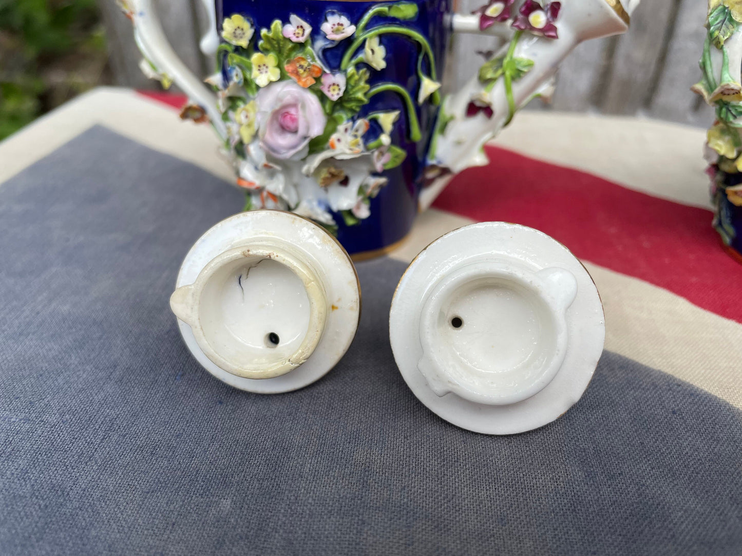 Two Bloor Derby Flower Encrusted Rosewater Teapot Toy Porcelain Sprinklers Modelled as Watering Cans, c.1825 -  9cm high