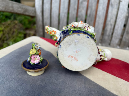 Two Bloor Derby Flower Encrusted Rosewater Teapot Toy Porcelain Sprinklers Modelled as Watering Cans, c.1825 -  9cm high