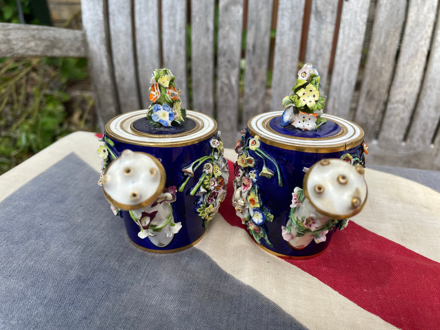 Two Bloor Derby Flower Encrusted Rosewater Teapot Toy Porcelain Sprinklers Modelled as Watering Cans, c.1825 -  9cm high