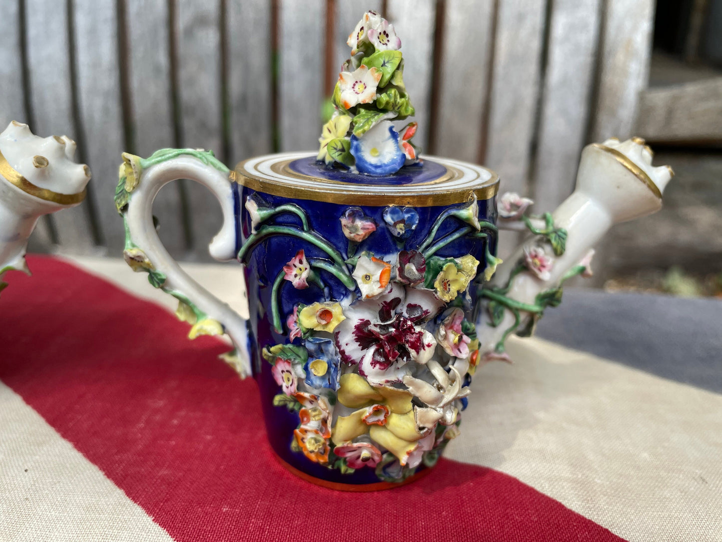 Two Bloor Derby Flower Encrusted Rosewater Teapot Toy Porcelain Sprinklers Modelled as Watering Cans, c.1825 -  9cm high