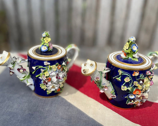 Two Bloor Derby Flower Encrusted Rosewater Teapot Toy Porcelain Sprinklers Modelled as Watering Cans, c.1825 -  9cm high