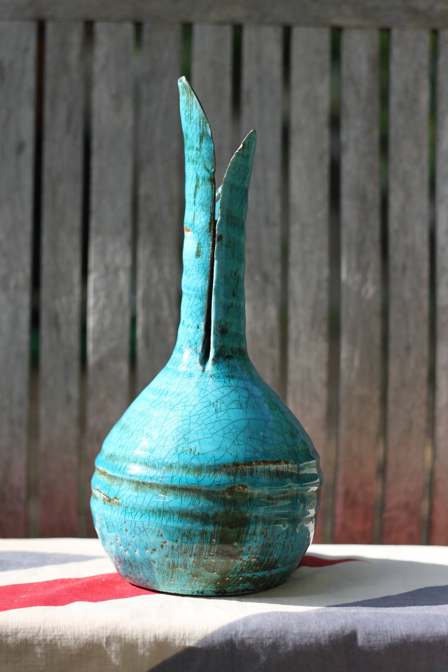 An Unsigned Piece of Art Turquoise Pottery in the Form of a Vase 30cm Tall