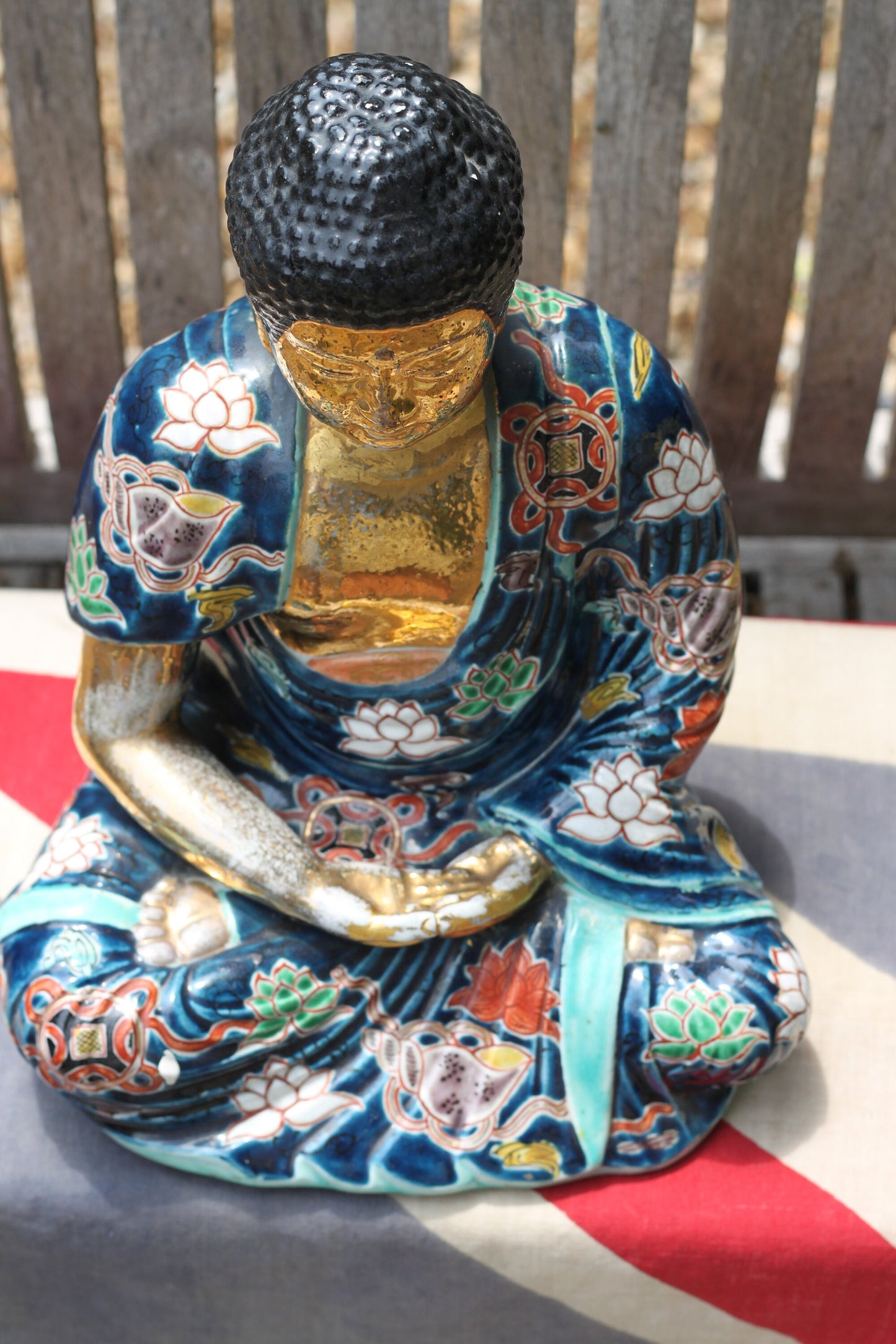 A Large Ceramic Seated Gold Buddha in Colourful Robes 29cm Tall - 2.8kg