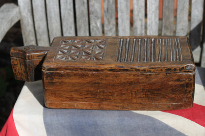 An Unusual Hindu Vibhuti Box With Slide Lid and  Geometric Carved Faces, 10cm H x 35.5cm W x 14cm D