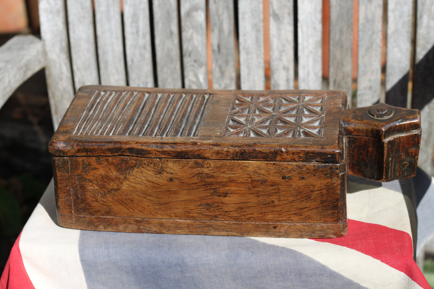 An Unusual Hindu Vibhuti Box With Slide Lid and  Geometric Carved Faces, 10cm H x 35.5cm W x 14cm D