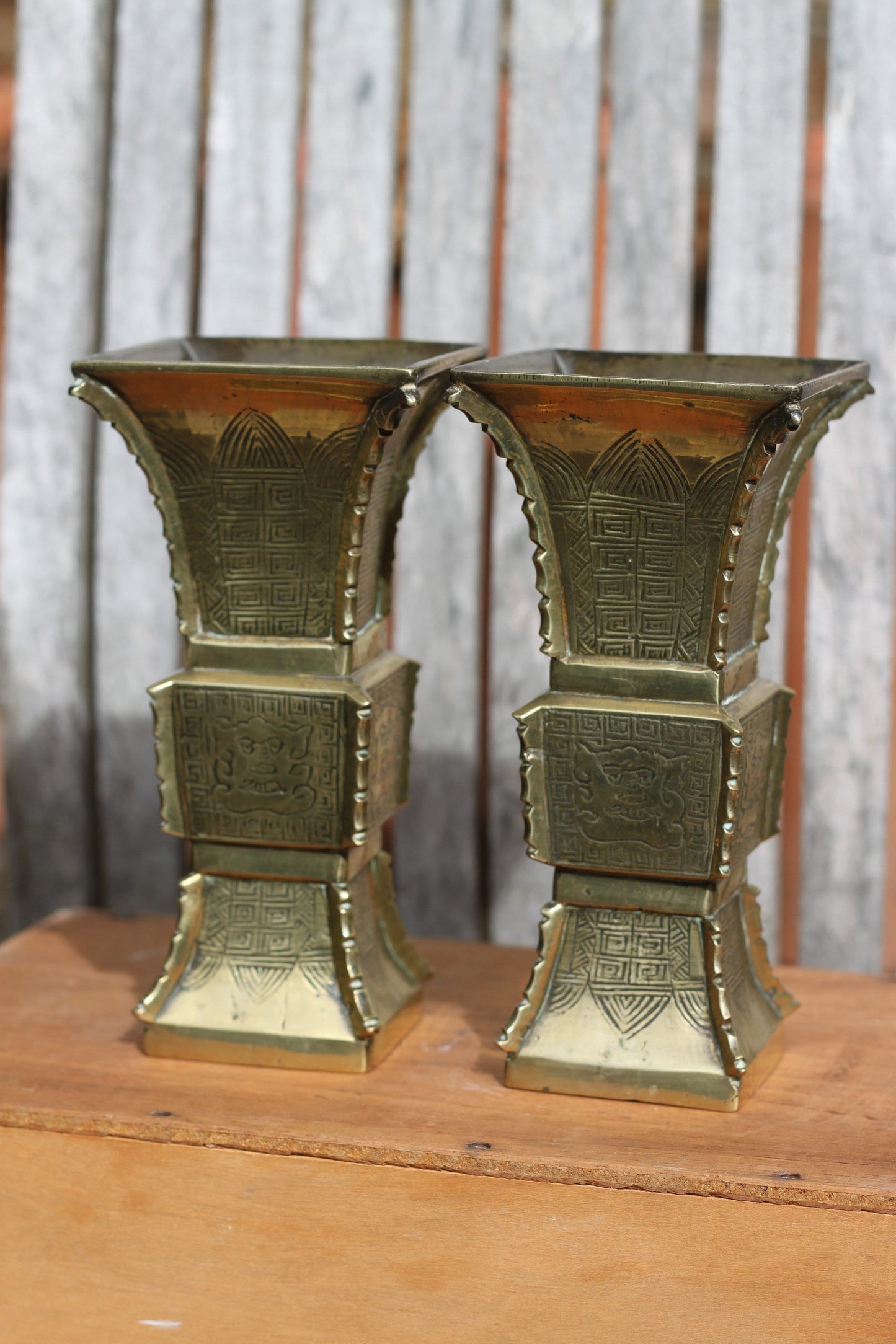 A Pair of Chinese Archaic Style Brass Gu Vases, Each 19.5cm High 1.9kg