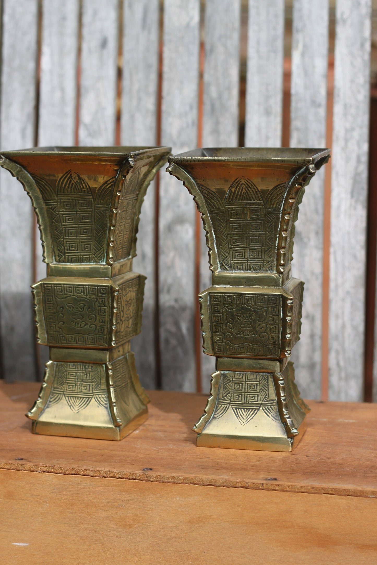 A Pair of Chinese Archaic Style Brass Gu Vases, Each 19.5cm High 1.9kg